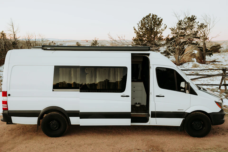 White Mercedes Sprinter minibus for group transfers White Mercedes Sprinter minibus for group transfers